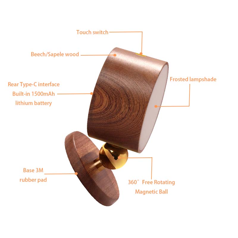 Wooden Punch-Free Magnetic Wall Lamp