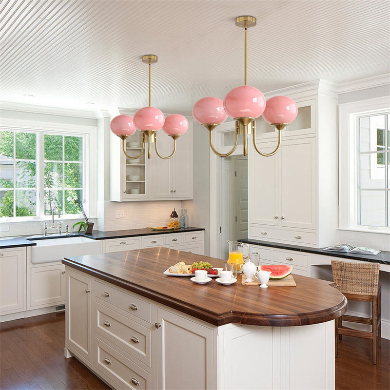 3-Light Pink/White/Beige Globe Chandelier