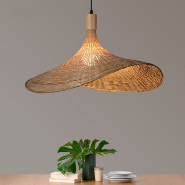 Curved Bamboo Woven Rattan Pendant Light for Living Room