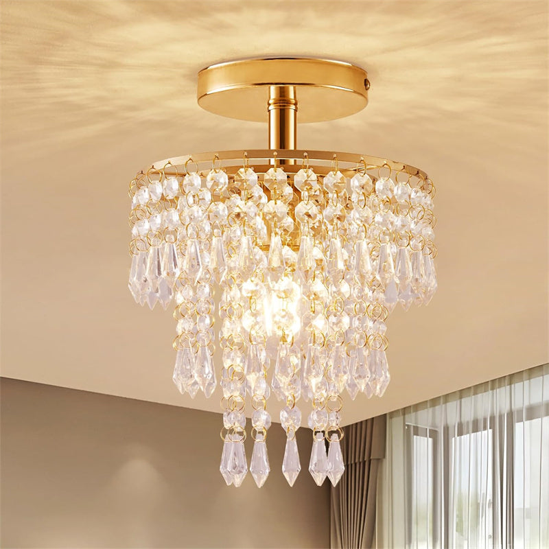 Flush Mount Ceiling Light with 3 Tiers Raindrops Crystal