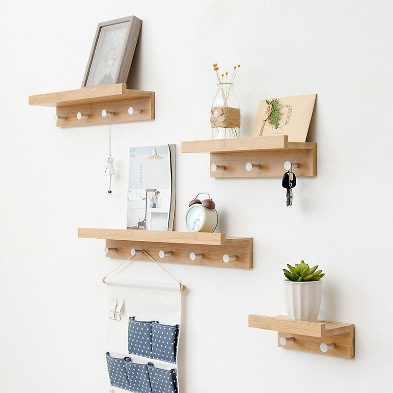 Bamboo Wall Mounted Floating Shelves with Hooks