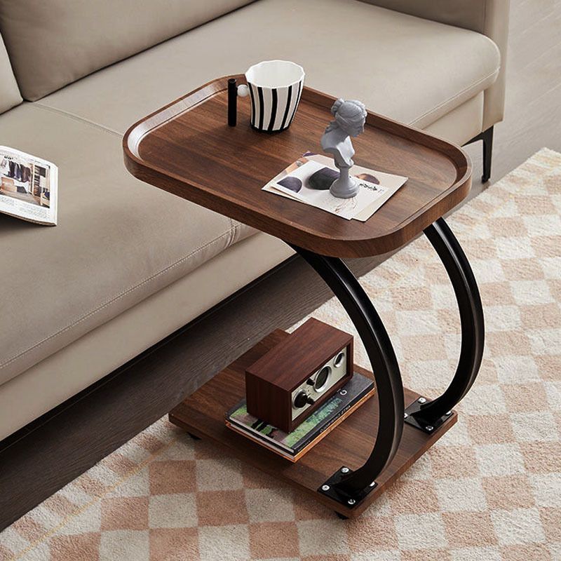 2 Tier Small C Shaped Sofa Side Table with Rolling