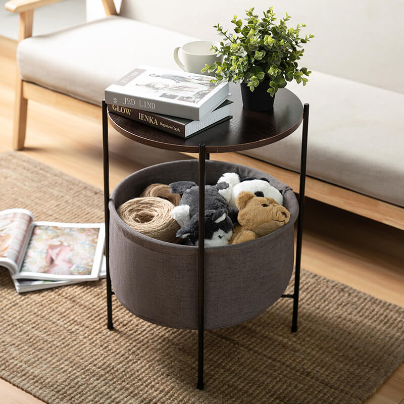 Round Side Table with Storage Basket