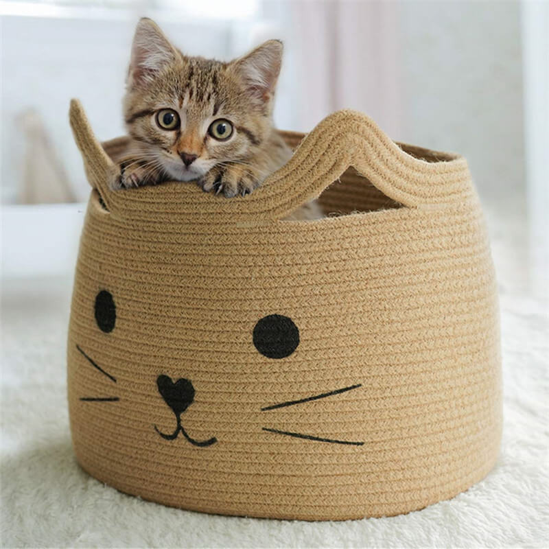 Cute Cat Face Woven Toy Basket